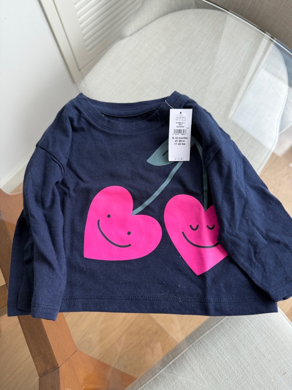 GAP Navy Long Sleeve Top with Pink Heart Cherries